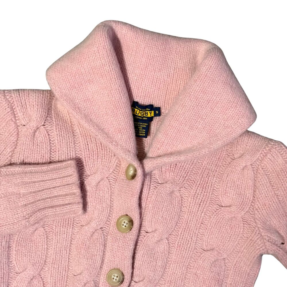Ralph Lauren Rugby Cardigan Women Small Pink Cable Knitted Sweater Wool Cashmere